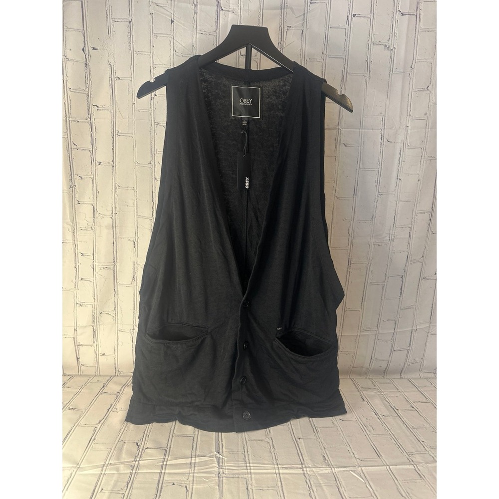 *NEW* OBEY Men's Large Cardigan Vest Four Button Black